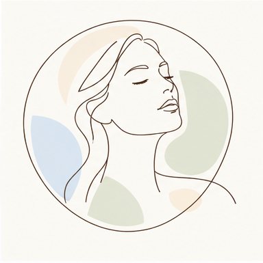 Lijntekening van een vrouw in een cirkel met zachte salie- en lavendelkleuren.