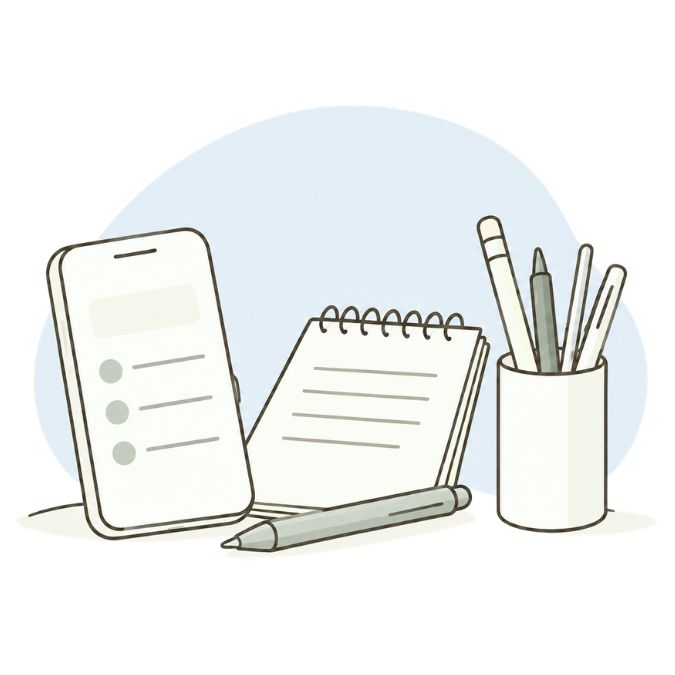 Illustratie van een smartphone, een notitieblok, een pen en een pennenhouder.