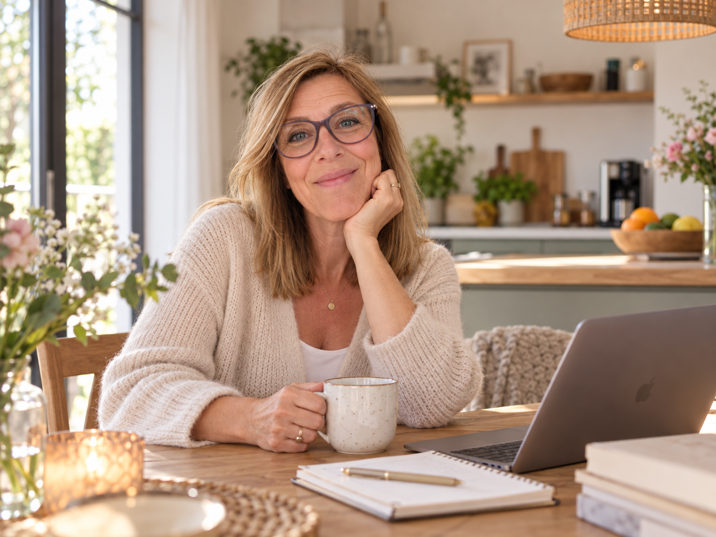 Elinde van der Laan aan de keukentafel met een kopje en haar laptop binnen handbereik.
