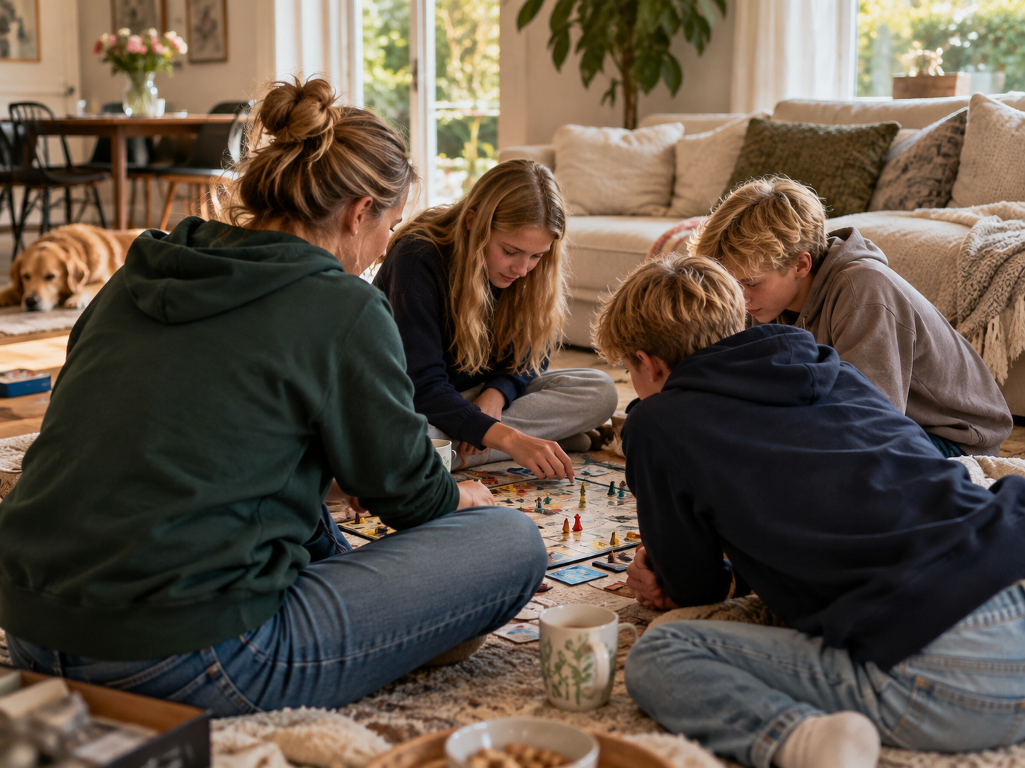 Sophie zit thuis met haar drie kinderen rond een spel.