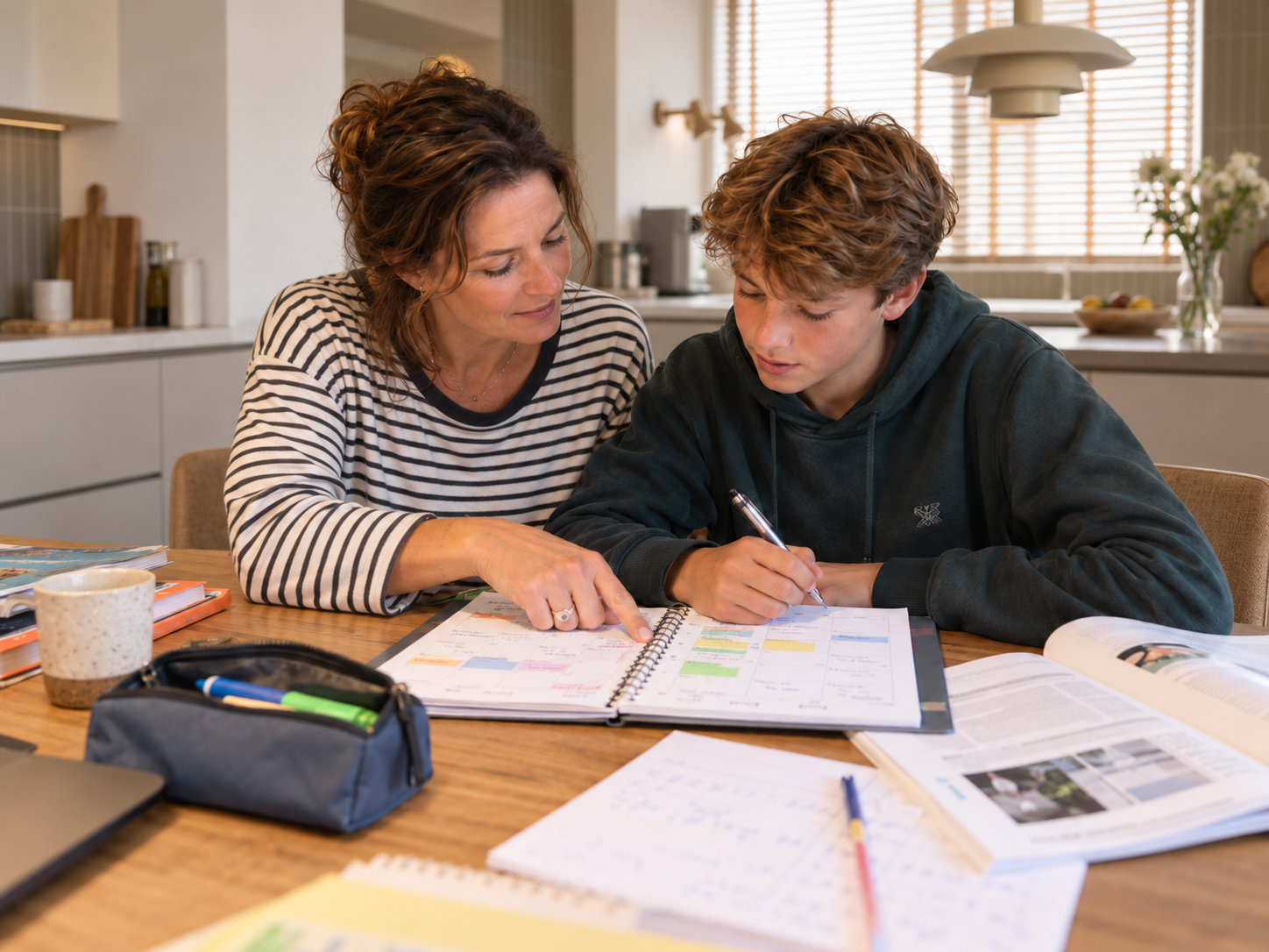 Een moeder helpt haar zoon aan de keukentafel met het plannen van zijn schoolwerk.