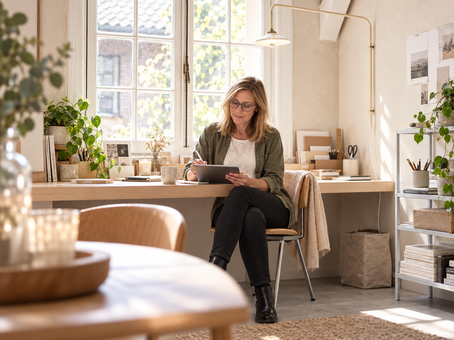 Sophie zit aan haar bureau en kijkt naar haar tablet.