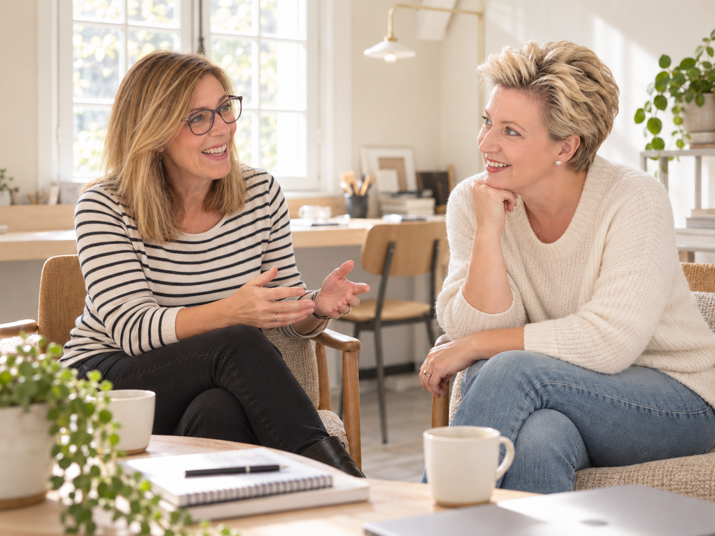 Sophie zit in gesprek met een vrouw tijdens een persoonlijk 1-op-1 moment.