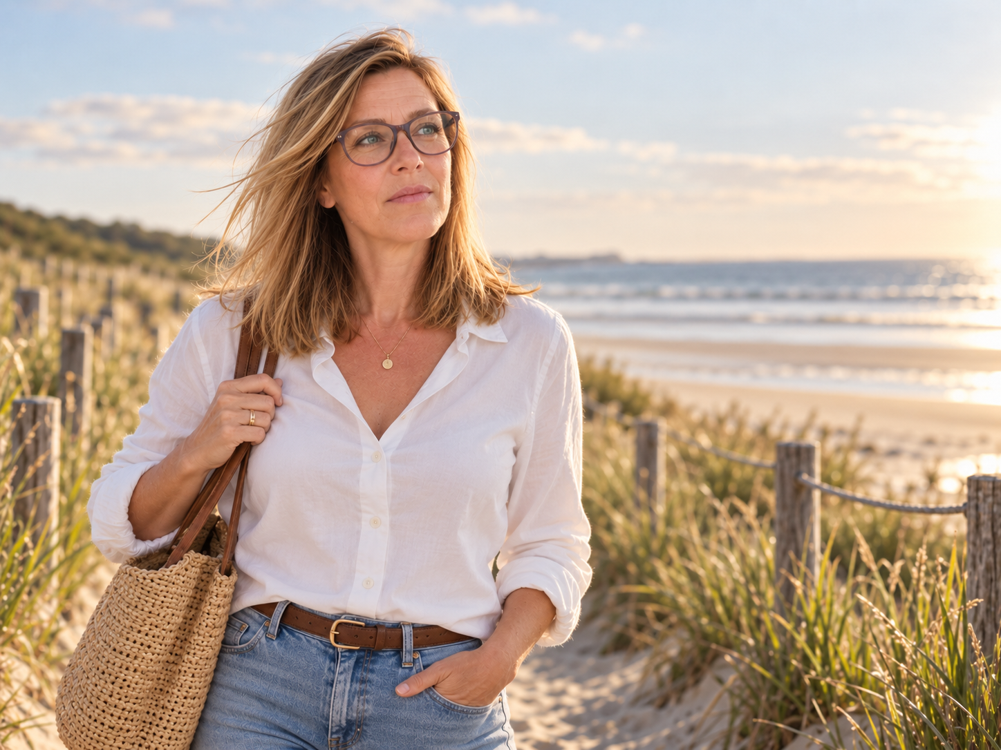 Elinde loopt bij het strand in een witte blouse en kijkt nadenkend richting zee.