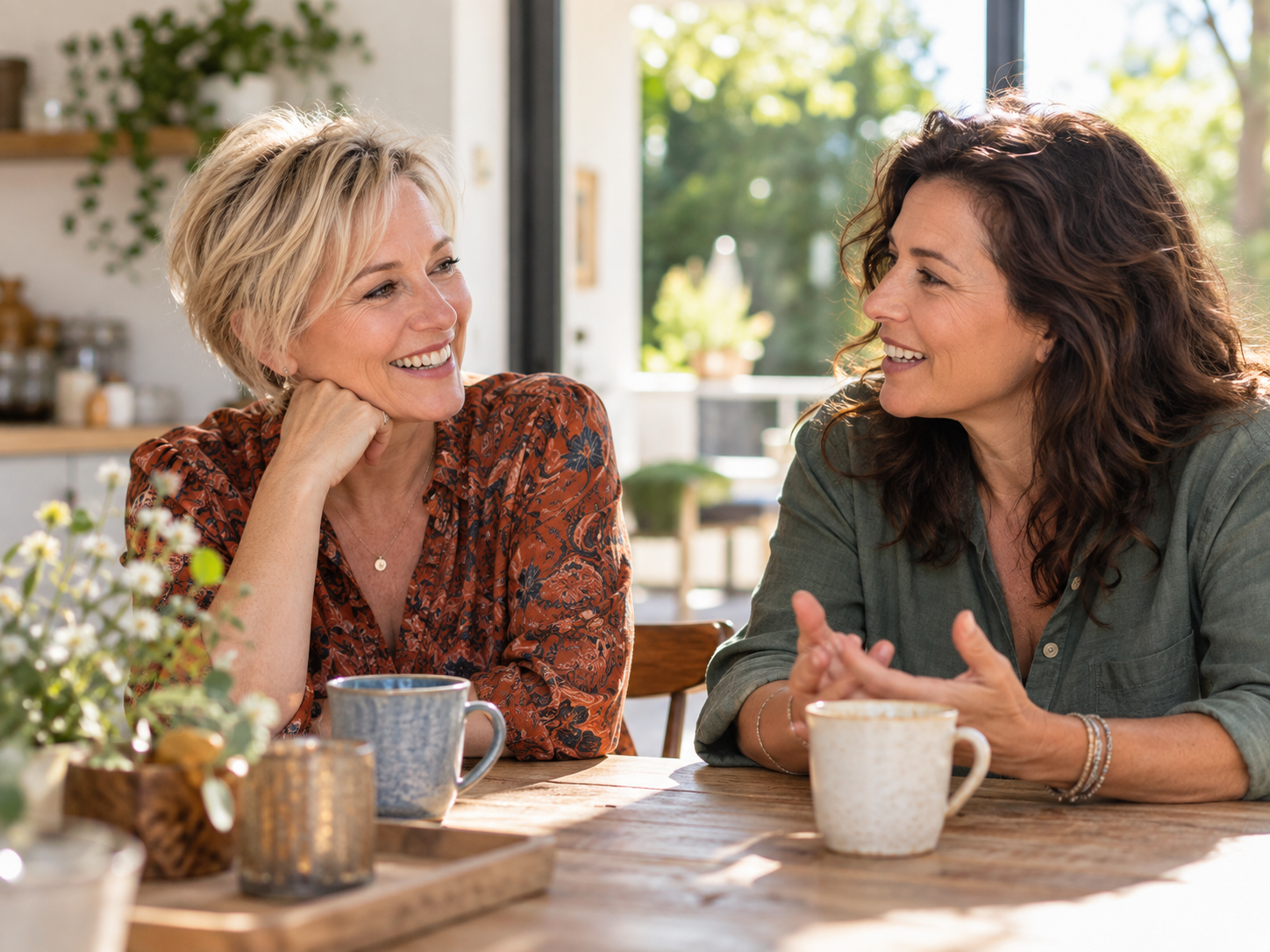 Twee vrouwen in een ontspannen gesprek aan tafel.